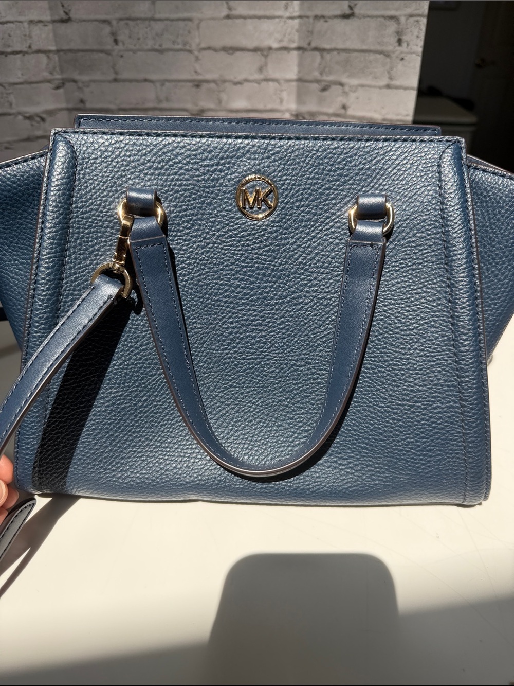 Michael Kors Navy Blue Pebbled Leather Satchel with Gold Hardware
